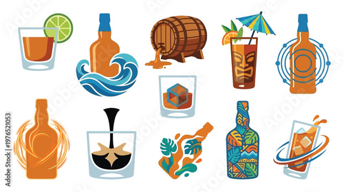 Collection of stylized illustrations featuring alcoholic beverages, cocktail glasses, and bar-related elements.