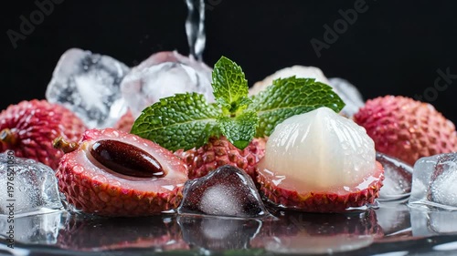 Fresh Lychee Fruit Being Rinsed With Cold Water And Ice Cubes