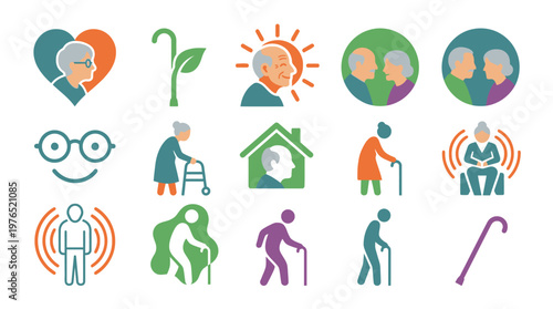 Collection of icons representing senior citizens, healthcare, and aging-related services, including symbols for love, support, and well-being.