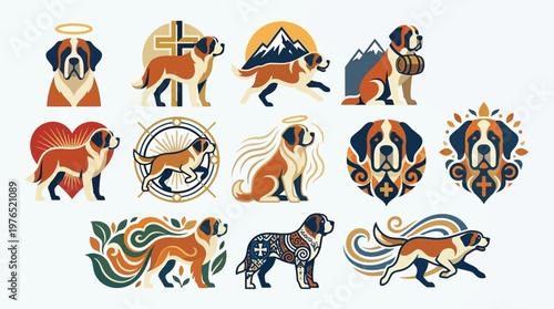 Tableau sur toile Collection of stylized Saint Bernard dog illustrations in various artistic designs and poses