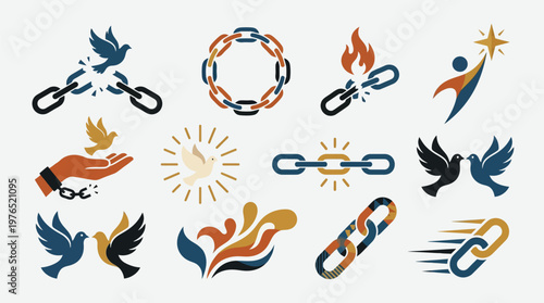 Collection of icons symbolizing freedom, breaking chains, peace, and achievement with doves, flames, and abstract human figures.