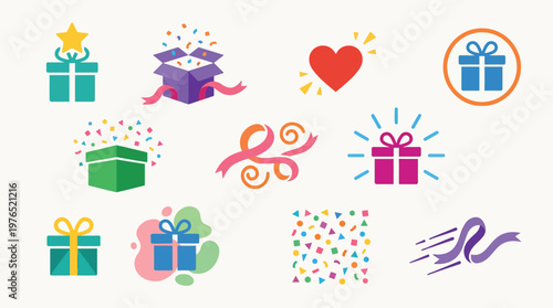 A collection of colorful, flat design icons representing gifts, celebrations, and festive occasions.