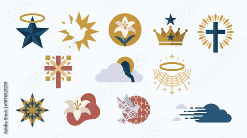 Collection of Christian religious symbols and icons, including crosses, doves, lilies, stars, and crowns, presented in a modern, stylized graphic design.