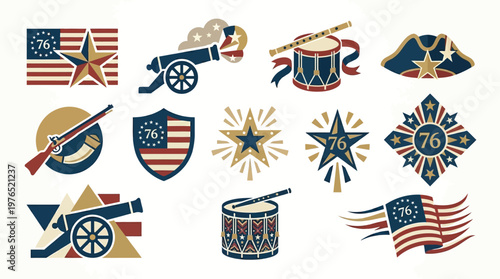 Collection of American Revolutionary War themed icons featuring flags, cannons, drums, muskets, and patriotic symbols like stars and eagles.