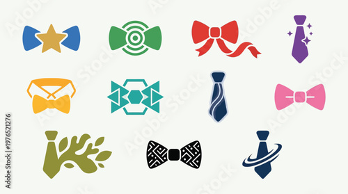 Collection of various bow tie and necktie icons in different colors and styles, representing formal wear and accessories.