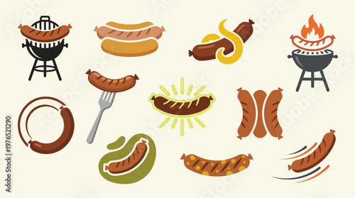 A diverse collection of stylized sausage illustrations, showcasing various cooking methods and presentations.