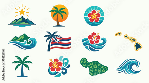 Collection of Hawaiian-themed icons featuring tropical landscapes, iconic symbols, and the Hawaiian Islands map.
