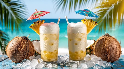 Refreshing pina colada cocktails with coconut and pineapple on beach table