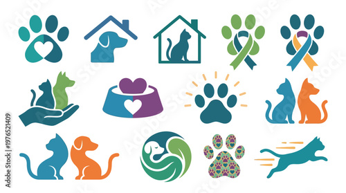 Collection of stylized pet care logos featuring paw prints, cats, dogs, and houses, symbolizing animal welfare and veterinary services.