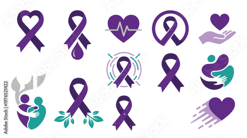 Collection of purple ribbon awareness symbols, including hearts, hands, and people figures, representing various causes and support.