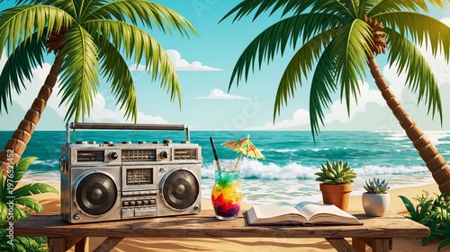 Vintage boombox and refreshing tropical cocktail on a wooden beach table