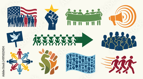 Collection of diverse icons representing social movements, unity, protest, and collective action.