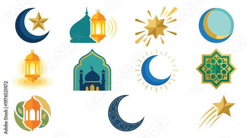 Collection of Islamic cultural symbols including crescent moons, stars, mosques, and lanterns, representing Ramadan and Islamic holidays.