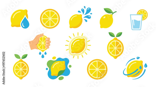 A vibrant collection of flat design illustrations showcasing lemons in various states of use and preparation, including squeezing, juicing, and whole fruits.