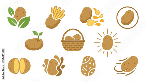 Collection of stylized potato icons showcasing various forms and preparations, including whole potatoes, sprouts, fries, chips, and sliced varieties.