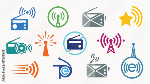 Collection of various radio and signal icons, including radios, antennas, and Wi-Fi symbols, representing communication and broadcasting.