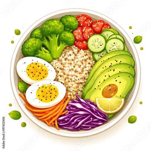 Healthy bowl with quinoa, eggs, avocado, and fresh vegetables