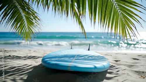 Blue surfboard resting on a sandy tropical beach under palm tree leaves