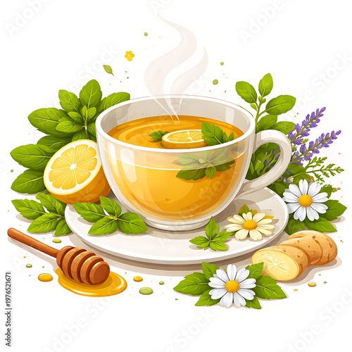 A steaming cup of herbal tea with lemon and honey on a saucer surrounded by fresh herbs and flowers on a white background for a soothing beverage concept