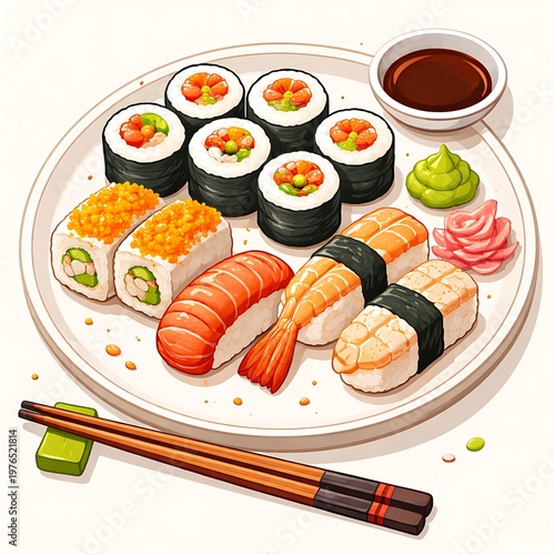 A vibrant plate of assorted sushi rolls and nigiri served with soy sauce wasabi and pickled ginger accompanied by chopsticks on a clean white background.
