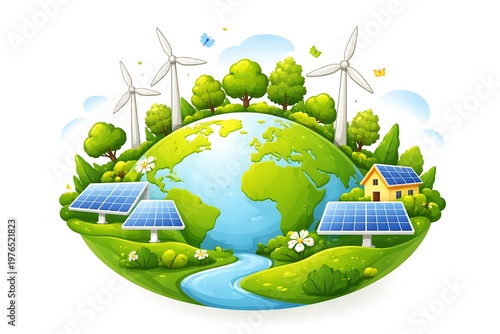 Earth with solar panels and wind turbines showing renewable energy sources
