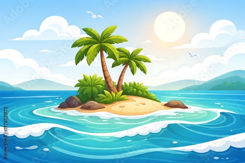 Cartoon island with palm trees standing in the middle of a vibrant ocean surrounded by waves and rocks under a sunny sky with clouds and seagulls flying