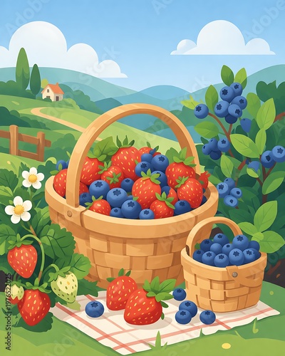 A wicker basket filled with fresh strawberries and blueberries sits on a picnic blanket in a lush green field surrounded by trees and a small house.