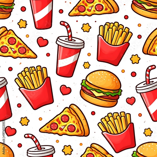 Colorful fast food pattern featuring cartoon burgers, pizza slices, french fries, and drinks with straws on a white background with hearts and stars