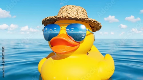 Yellow rubber duck wearing sunglasses and straw hat floating on ocean water