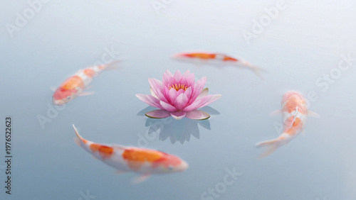 Lotus surrounded by koi fish floating in calm water with soft reflection