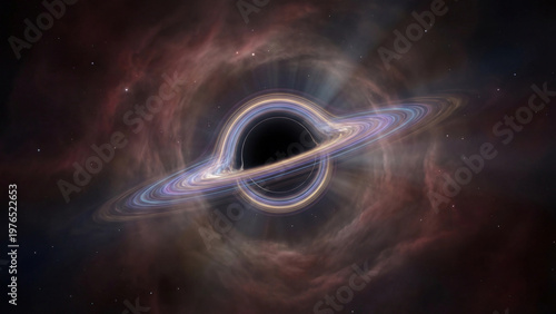Supermassive black hole glowing in deep space with swirling cosmic ring
