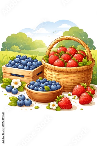 Fresh strawberries and blueberries arranged in a wicker basket and wooden crate on a table outdoors in a sunny field with trees in the background.