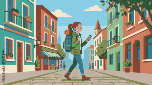 Cartoon illustration of a young woman walking down a colorful city street while looking at her smartphone with a green jacket and blue backpack.