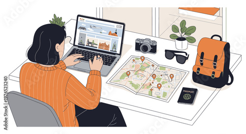 A woman sits at a desk working on a laptop with a map, camera, and backpack nearby in a home office setting with a casual and organized mood.