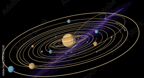 Illustration of a solar system with planets orbiting a large yellow sun on concentric gold rings against a black background with purple accents.