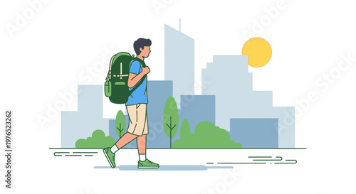 Illustration of a man walking with a backpack in front of a city skyline at sunrise or sunset.