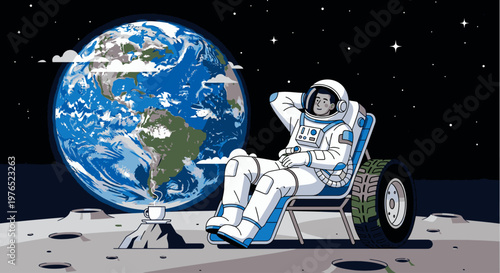 An astronaut sits in a beach chair on the moon's surface, leaning back with one arm behind their head next to a globe on a stand, set against a starry night sky.