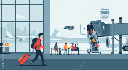 Illustration of a traveler walking with luggage and backpack through an airport terminal with planes and boarding stairs outside the window.