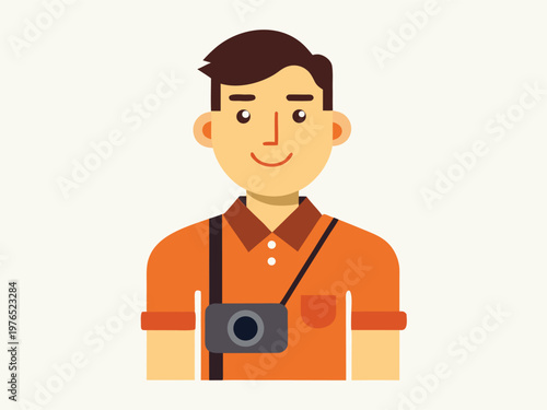 A cheerful photographer ready to capture moments with his camera around the neck.
