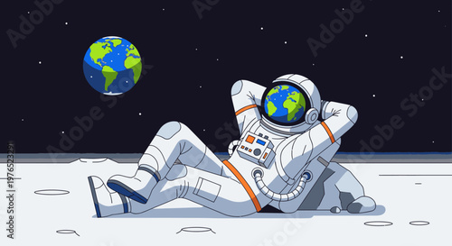 Cartoon astronaut reclining on the moon's surface with Earth in the background against a starry night sky.
