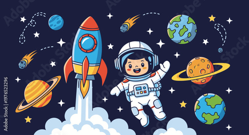 Cartoon astronaut floating in space with a rocket launching into orbit surrounded by planets and stars.