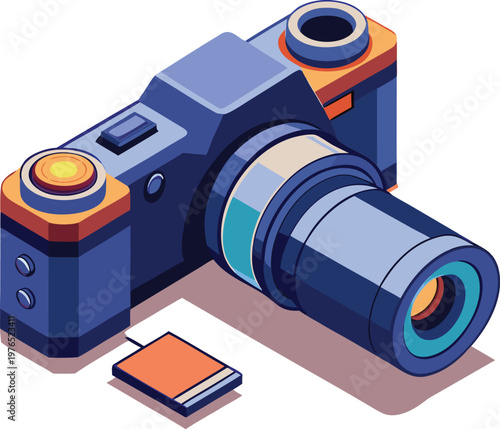 Vintage style camera with memory card and lens cap displayed on flat surface