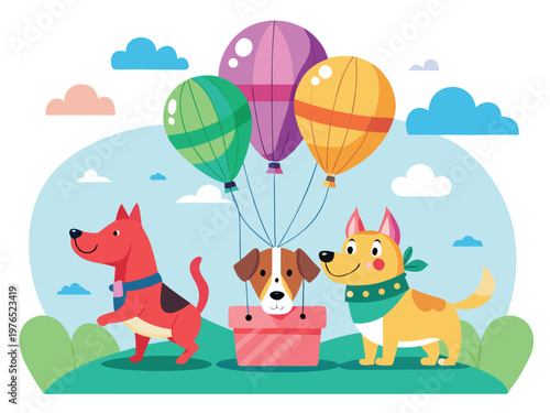 Adventurous dogs taking off in colorful hot air balloons over a scenic landscape