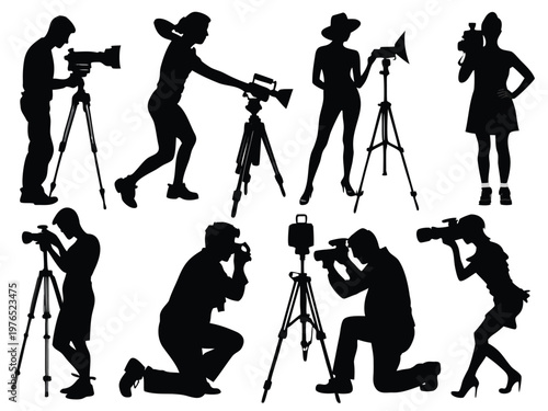 Diverse silhouettes of photographers capturing various scenes with cameras and equipment