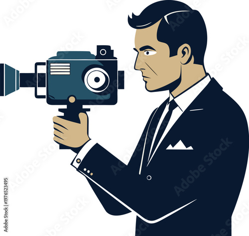 Professional cameraman recording a scene with vintage-style video camera