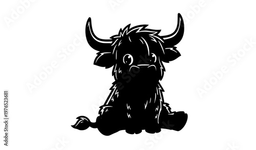 Funny Highland cow cartoon sitting pose fluffy cattle character vector isolated on white background