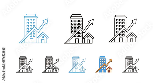 Industrial factory buildings icon set with smokestacks in multiple colors and styles.