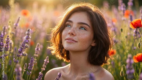 Young woman with freckles looking up in a blooming lavender and poppy field at sunset, close up