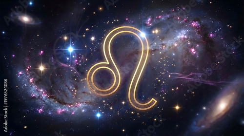Leo zodiac sign symbol glowing in deep space with stars and nebulae. Astrology horoscope icon floating in starry galaxy. Cosmic background for spiritual event.