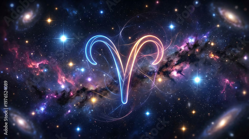 Aries zodiac sign glowing in deep space with starry nebula background. Astrological constellation symbol float in galaxy. Cosmic energy for horoscope prediction.